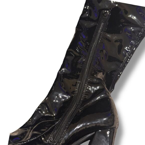Public Desire Caryn Black Patent Wide High Block High Heel Boots Silver Tip Sz 6 - Picture 8 of 13